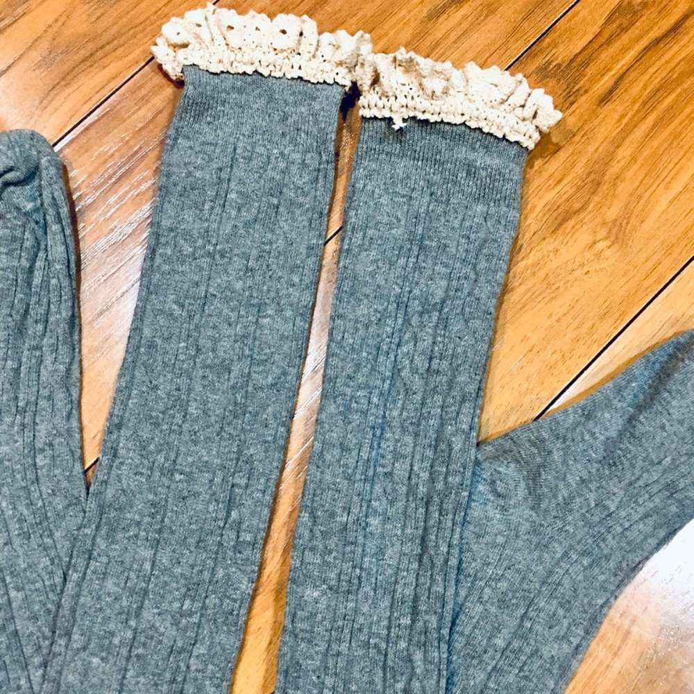 Ribbed sweater knit knee high socks lace trim grey gray cute